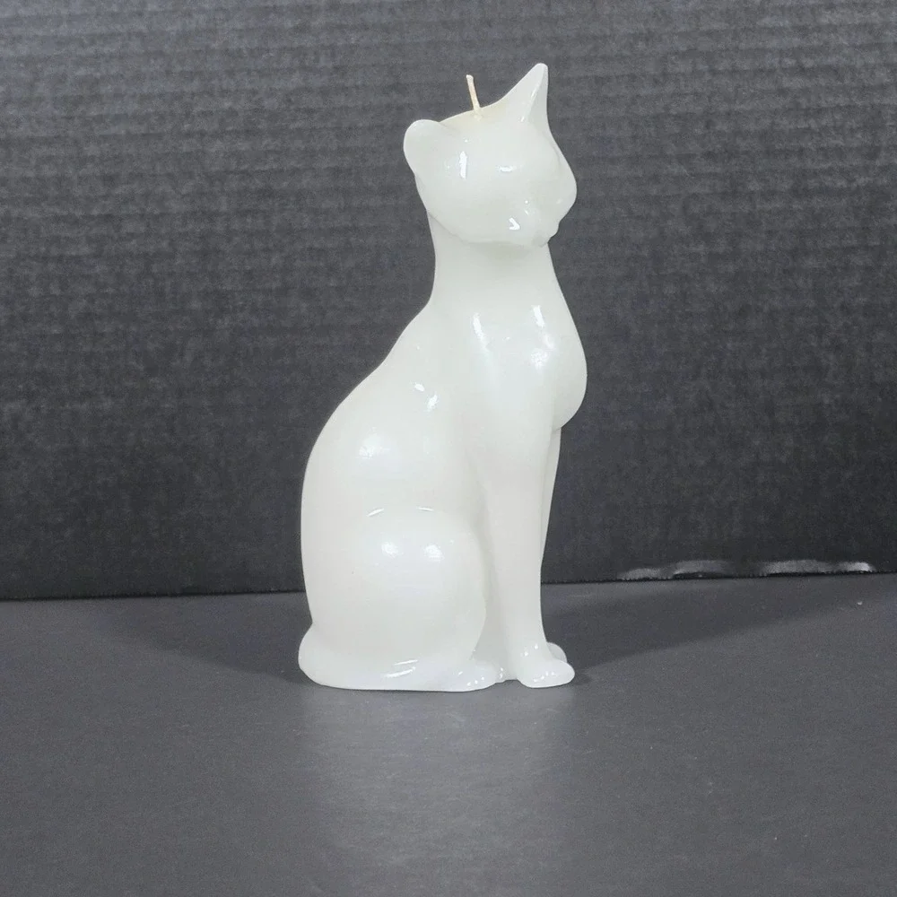 Sitting Cat Figural Candle White Wax MCM‎ Style Animal Decor 8.5 Inch